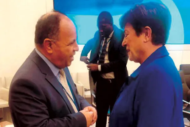 وزير المالية المصري محمد معيط مع كريستالينا غورغييفا مديرة صندوق النقد الدولي على هامش اجتماعات صندوق النقد والبنك الدوليين في واشنطن (الشرق الأوسط)