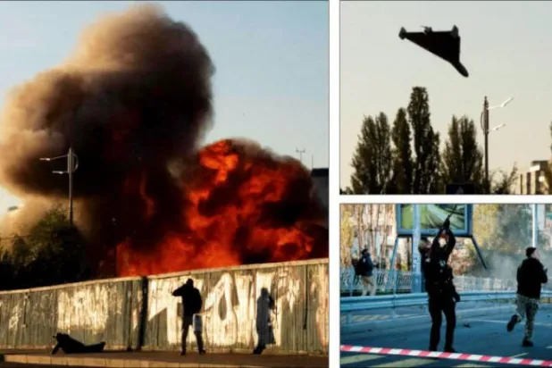 تین تصاویر (دائیں سے نیچے تک) کل کیو میں حملہ کرنے کے لئے قریب آتے ہوئے ایک ڈرون کو دیکھا جا سکتا ہے، پھر ایک پولیس افسر کو اسے گولی مارتے ہوئے بھی دیکھا جا سکتا ہے اور آخر میں حملے کے بعد ایک شخص زمین پر گر رہا ہے (اے ایف پی)