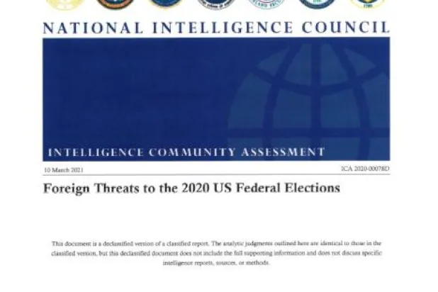 غلاف تقرير للاستخبارات الأميركية حول التهديدات الخارجية لانتخابات الرئاسة التي أجريت في 2020