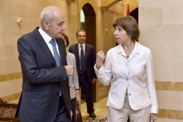 Speaker Nabih Berri with French Foreign Minister Catherine Colonna during her visit to Beirut on Friday (AFP)