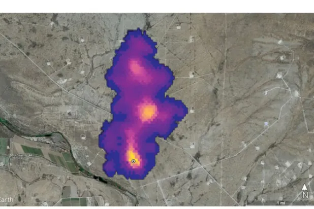 صورة بالقمر الصناعي تظهر عمود غاز الميثان بطول ميلين (3 كيلومترات) اكتشفه جهاز «ناسا» للتحقيق في مصدر الغبار المعدني على سطح الأرض في جنوب شرقي كارلسباد نيو مكسيكو (أ.ف.ب)