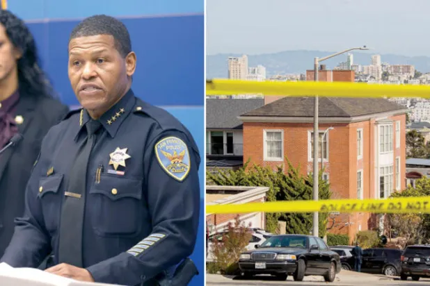 عناصر من الشرطة المحلية و«إف بي آي» انتشروا خارج مقر إقامة بيلوسي في سان فرانسيسكو الجمعة (إ.ب.أ)  -  رئيس شرطة سان فرانسيسكو يتحدث عن الاعتداء (أ.ف.ب)