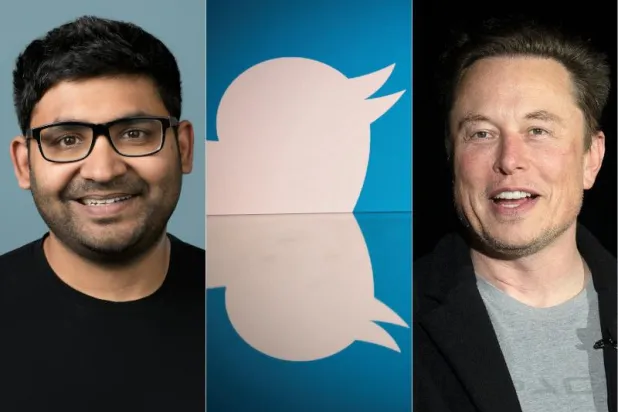 من اليمين إيلون ماسك وشعار «تويتر» والرئيس التنفيذي السابق للشركة باراغ أغراوال (أ.ف.ب)