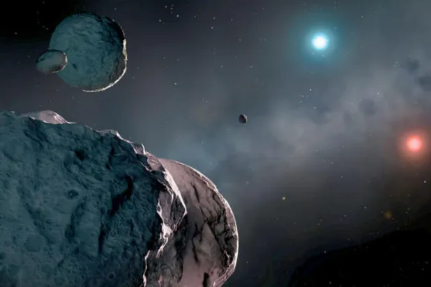 رسم فني لنجمين من الأقزام البيضاء القديمة باللونين الأحمر والأزرق ويدور حولهما حطام كوكبي  (الفريق البحثي)