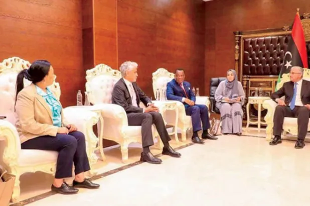 صورة وزعتها حكومة فتحي باشاغا رئيس حكومة الاستقرار الموازية لاجتماعه مع المبعوث الأفريقي