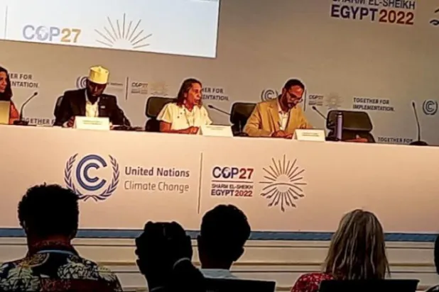 A press conference for the "Climate Action Network" discussed the issue of “loss and damage” funding during COP27 (Asharq Al-Awsat)
