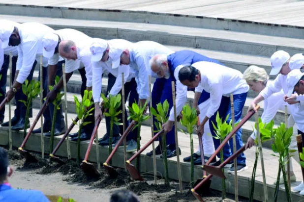 قادة ورؤساء دول مجموعة العشرين وقادة المنظمات الدولية يزرعون أشجار «المنغروف» في متنزه نغوراه راي للغابات في ختام قمة بالي (رويترز)