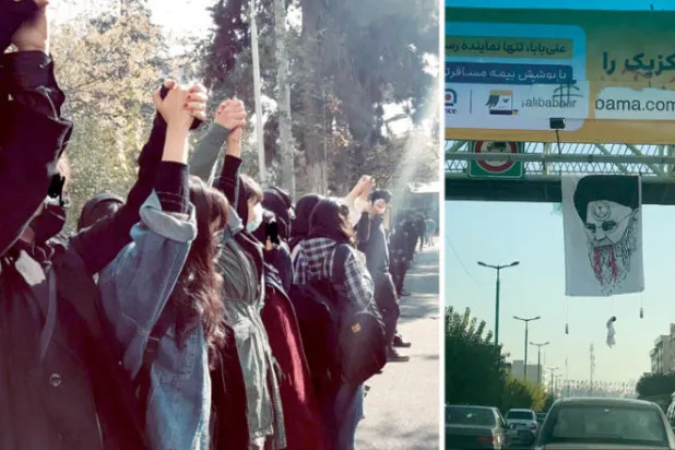 لافتة رفعها محتجون وتظهر المرشد الإيراني ملطخاً بالدماء (تويتر)  -  طالبات خلال وقفة احتجاجية بجامعة علامة أمس (نقابة الطلاب)