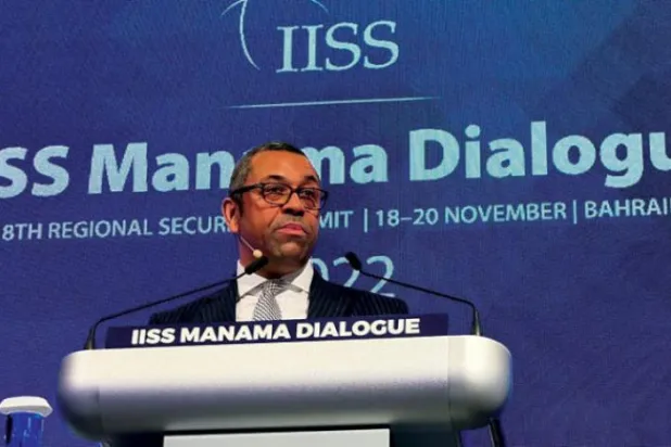 British Foreign Secretary James Cleverly speaks at the Manama conference. (International Institute for Strategic Studies)