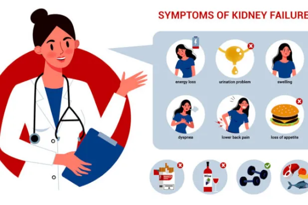 أعراض الفشل الكلوي - من أعلى اليسار: الإجهاد - مشكلات التبول - التعرّق، ثم: ضيق التنفس - آلام أسفل الظهر - انعدام الشهية الوقاية: التوقف عن التدخين والكحول مع ممارسة الرياضة وتناول الأكل الصحي