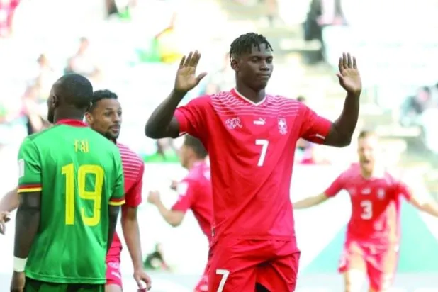 بريل إيمبولو بعد هدفه في شباك الكاميرون (رويترز)