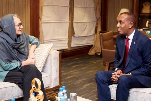 رئيس الوزراء الصومالي خلال اجتماع  مع سفيرة الاتحاد الأوروبي في مقديشو (الحكومة الصومالية)