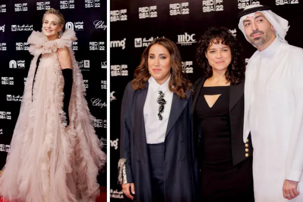 جمانا الراشد (يسار) وميشيل رودريغز ومحمد التركي -  فنانة هوليوود شارون ستون (تصوير: عبد الله الفالح)