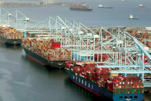 عشرات سفن الحاويات العائمة تنتظر خارج موانئ لوس أنجليس ولونغ بيتش (رويترز)