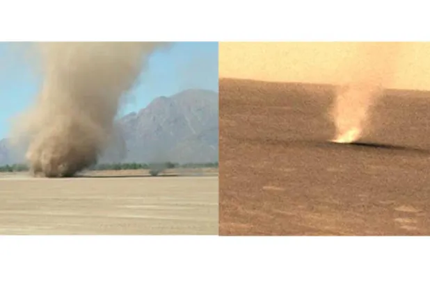 «شيطان الغبار» في صحراء أريزونا (يسار) وعلى كوكب المريخ (ناسا)
