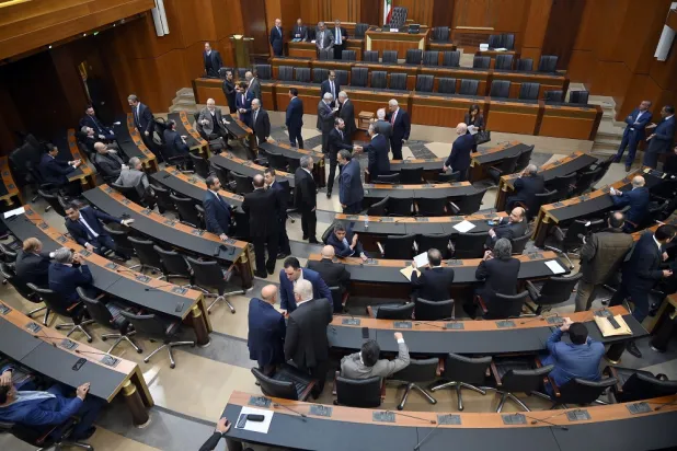 Lebanese MPs speak prior to the start of the ninth parliamentary session to elect a new president of Lebanon, at the parliament building in Beirut, Lebanon, 08 December 2022. (EPA)