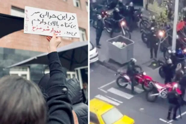 Bilim ve Kültür Üniversitesi'ndeki kız öğrenciler idam kararlarını kınayan bir protesto gösterisi düzenlediler (İran Öğrenci Birliği) Cumartesi akşamı Tahran'ın merkezindeki Settar Han Caddesi'nde konuşlanan çevik kuvvet polisleri (Twitter)