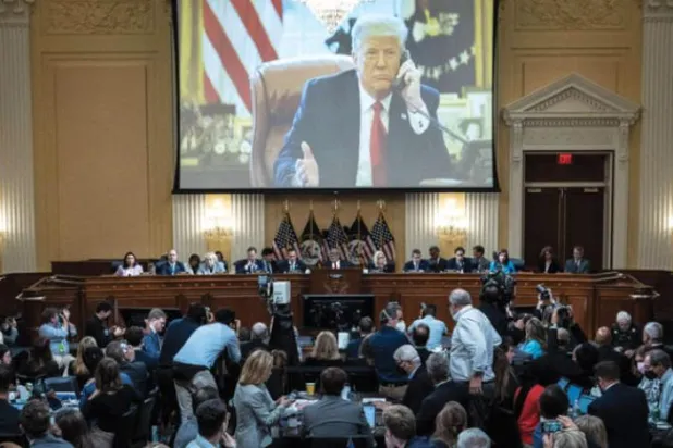 An image of former President Donald Trump is displayed during the committee's third hearing on June 16. (AFP/Getty Images)