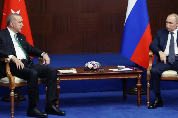 Russia's President Vladimir Putin and Turkey's President Tayyip Erdogan meet on the sidelines of the 6th summit of the Conference on Interaction and Confidence-building Measures in Asia (CICA), in Astana, Kazakhstan October 13, 2022. (Reuters)