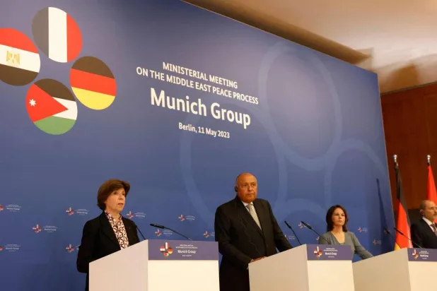 جرمنی، فرانس، مصر اور اردن کے وزرائے خارجہ کے اجلاس کا منظر (الشرق الاوسط)