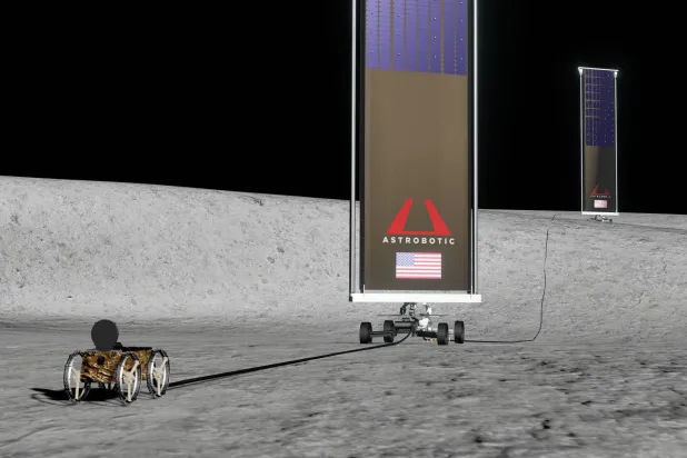 صورة مقدمة من شركة «أستروبوتك» تُظهر رسماً توضيحياً فنياً لـ«لونا غريد» وهي خدمة لتوليد الطاقة وتوزيعها تم تطويرها للقمر (أ.ف.ب)