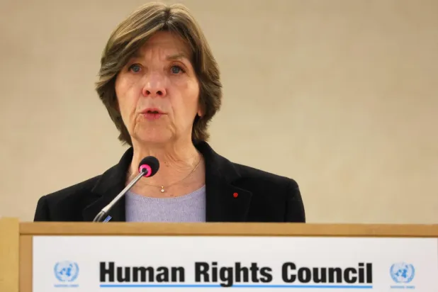 Fransa Dışişleri Bakanı Catherine Colonna, 27 Şubat 2023 tarihinde İsviçre'nin Cenevre kentinde düzenlenen İnsan Hakları Konseyi toplantısına katılıyor (Reuters)