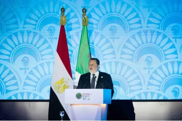 محافظ البنك المركزي المصري حسن عبد الله خلال كلمته في اجتماع بنك التنمية الأفريقي في شرم الشيخ (الشرق الأوسط)