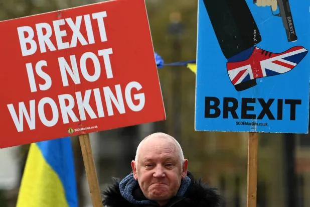 متظاهر مناهض لـ«بريكست» أمام البرلمان في لندن (إ.ب.أ)