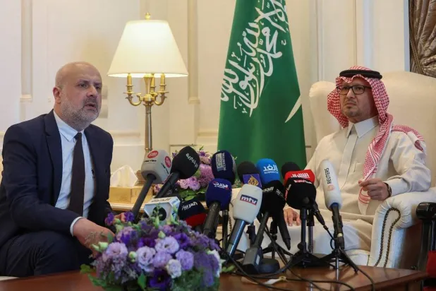 Saudi Ambassador to Lebanon Waleed Bukhari and Lebanon's caretaker Interior Minister Bassam Mawlawi attend a press conference at Saudi Arabia's embassy in Beirut, Lebanon May 30, 2023. (Reuters) 