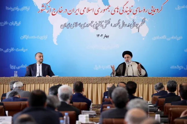 Iranian President Ebrahim Raisi with Foreign Minister Hossein Amir-Abdollahian during the meeting (Iranian Presidency)