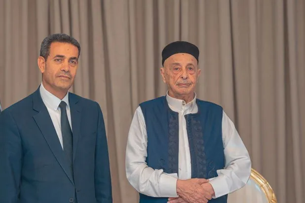 Libya Temsilciler Meclisi Sözcüsü Akile Salih ofisinde Libya Yüksek Seçim Komisyonu Başkanı İmad es-Sayih ile görüştü (Salih Medya Ofisi)