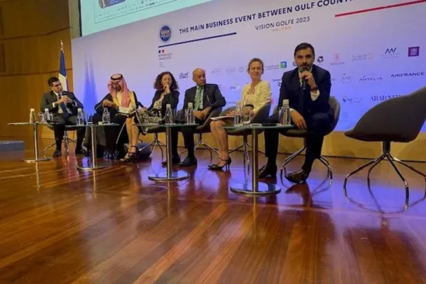 Saudi Minister of Industry and Secretary General of the Gulf Cooperation Council attend one of the sessions of the Vision Golfe forum in Paris, on Tuesday. (Asharq Al-Awsat)