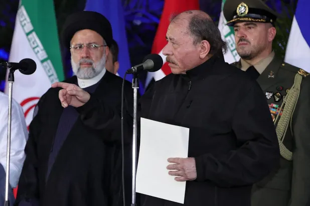 صورة نشرتها رئاسة نيكاراغوا من خطاب أورتيغا خلال مراسم استقبال رئيسي في ماناغوا ليلة أمس