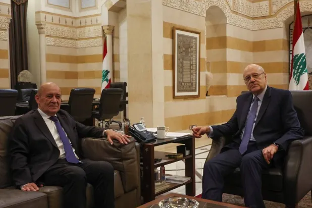 Lebanon's caretaker Prime Minister Najib Mikati meets with former French Foreign Minister Jean-Yves Le Drian in Beirut, Lebanon June 22, 2023. (Reuters) 