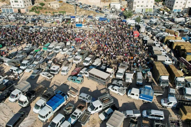 فلسطينيون يتسوقون في سوق الماشية قبل احتفالات عيد الأضحى بالقرب من الخليل في الضفة الغربية المحتلة (رويترز)