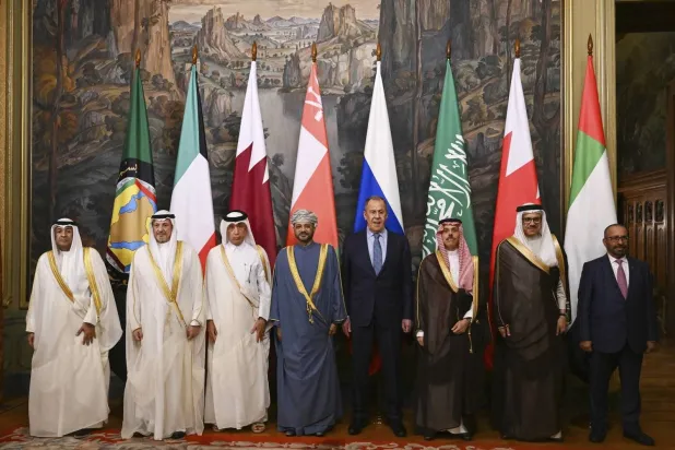 The Russian Foreign Minister in a group photo with the foreign ministers of the Gulf Cooperation Council countries before their meeting in Moscow (AP)