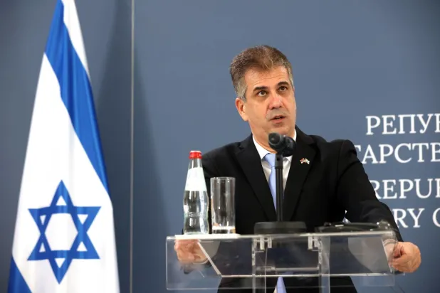 İsrail Dışişleri Bakanı Eli Cohen dün Sırbistan’da basına konuşuyor (EPA)