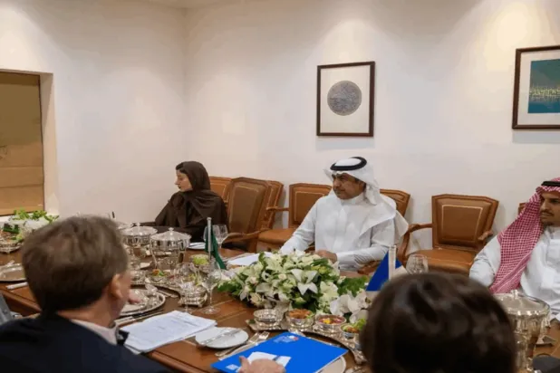 Advisor to the General Secretariat of the Saudi Council of Ministers, Nizar bin Suleiman Al-Aloula, met with Le Drian on Tuesday in Riyadh. (SPA)