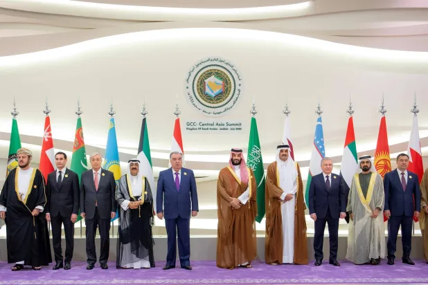 Saudi Crown Prince Mohammed bin Salman amidst a gathering of Gulf and Central Asian leaders and delegations during the Gulf Summit in Jeddah on Wednesday (SPA)