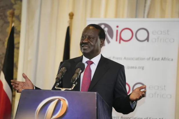 زعيم المعارضة الكينية رايلا أودينغا يتحدث خلال مؤتمر صحافي في نيروبي بكينيا (الثلاثاء) 25 يوليو 2023 (أ.ب)