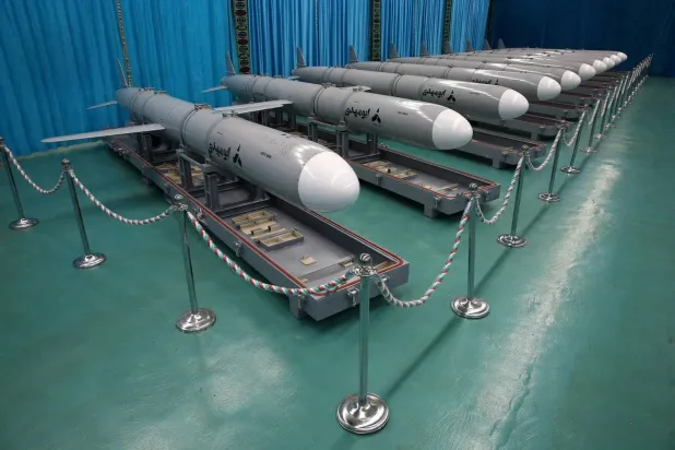 Iranian missiles called Abu Mahdi are displayed during the ceremony of joining the IRGC Navy and the Army, in Tehran, Iran, in this picture obtained on July 25, 2023. Iran's Defense Ministry/WANA (West Asia News Agency)/Handout via REUTERS