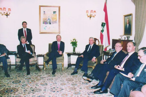 Hrawi receiving US Secretary of State James Baker in the city of Zahle (Fares Boueiz Archive)