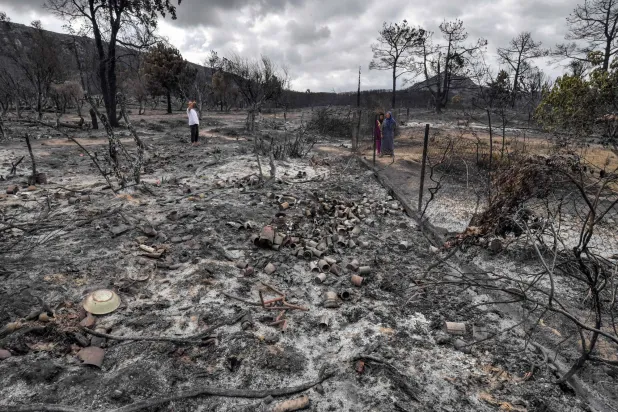 أشخاص يتفقدون الدمار في بقايا مزرعة عقب حريق غابة بالقرب من بلدة ملولا في شمال غربي تونس بالقرب من الحدود مع الجزائر يوم الأربعاء 26 يوليو 2023 (أ.ف.ب)