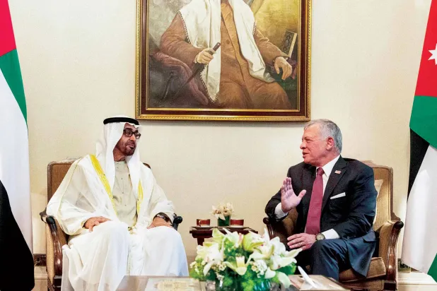 شاہ عبداللہ دوم نے کل دارالحکومت عمان میں متحدہ عرب امارات کے صدر شیخ محمد بن زاید کا خیرمقدم کیا (اے ایف پی)