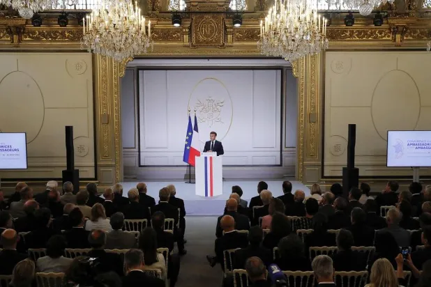 French President Emmanuel Macron gives a speech in front of French ambassadors during the conference of ambassadors at the Elysee Palace, Paris, France, August 28, 2023. (Reuters)