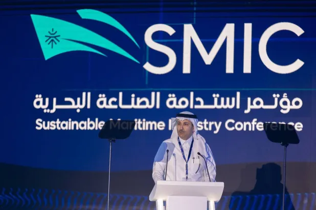 Saudi Minister of Transport and Logistics Services Eng. Saleh Al-Jasser addresses the opening of the Sustainable Maritime Industry Conference (SMIC). (Ministry of Transport and Logistics Services)  