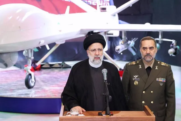 Iranian President Ebrahim Raisi and his Defense Minister Mohammad Reza Ashtiani during a ceremony to unveil the “Mohajer-10” drone last month (Iranian Presidency)
