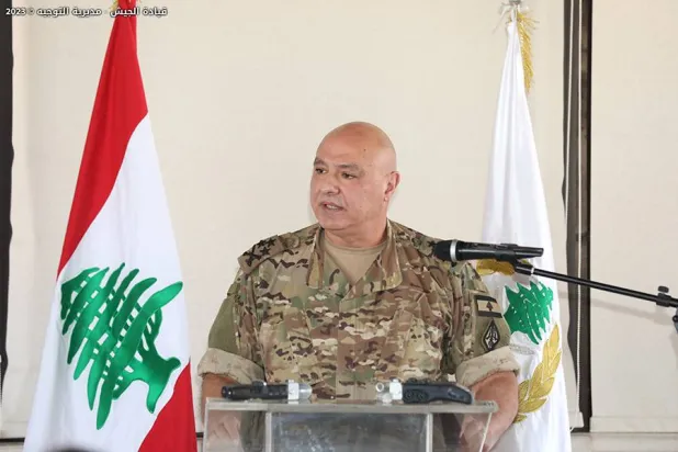 قائد الجيش اللبناني جوزيف عون خلال حفل إعلان جرود عرسال ورأس بعلبك خاليتين من مخلفات الحروب في 8 أيلول 2023 (الموقع الرسمي للجيش اللبناني)