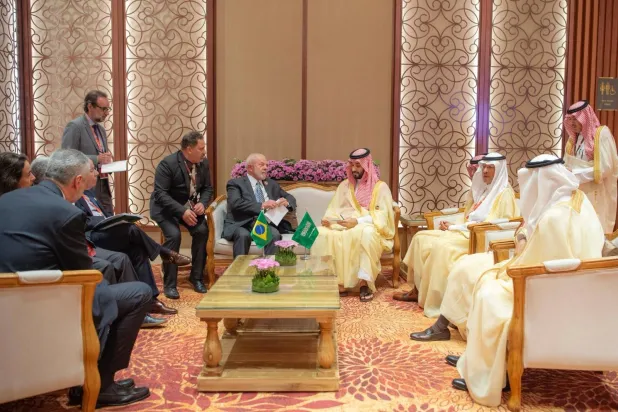 ولي العهد السعودي والرئيس البرازيلي خلال اجتماعهما في نيودلهي أمس (واس)