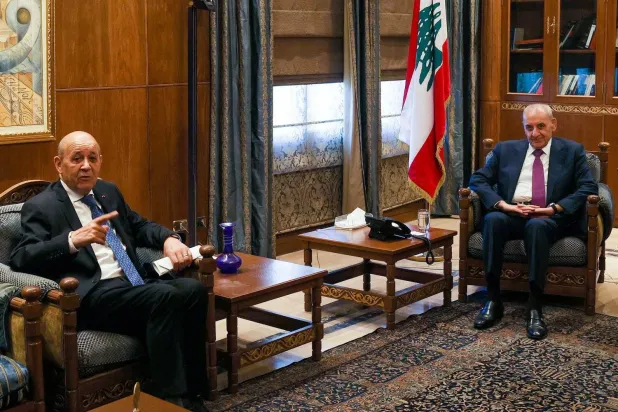 French special envoy Jean-Yves Le Drian (L) speaks during a meeting with Lebanon's Speaker of the parliament Nabih Berri in Beirut on September 12, 2023. (AFP)